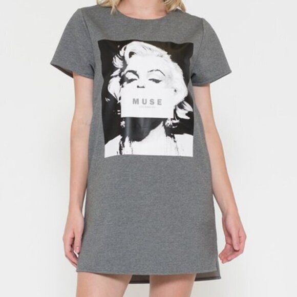 DRESS FORUM GREY MARILYN MONROE GRAPHIC SHORT SLEEVE SHIFT MINI DRESS - S - Picture 1 of 10